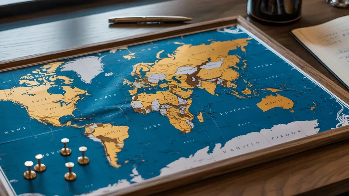 Elegante Rubbel-Weltkarte auf Schreibtisch mit Reisezielen, Pins und Notizbuch; stilvolle, inspirierende Szene für die Visualisierung von Bucket List Reisen.